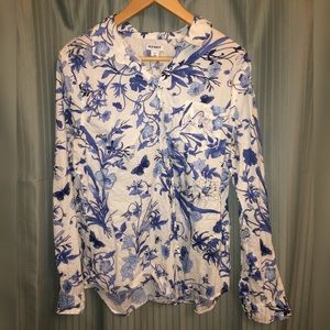 Blue & White Floral Button Up Blouse